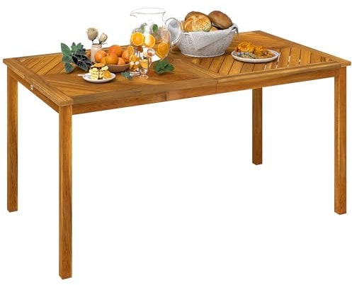 Outsunny Gartentisch 150x85cm, Wetterfest Balkontisch aus Holz, 6 Personen Outdoor Esstisch mit Schirmloch, Lamellendesign Beistelltisch, Terrassentisch für Garten Naturholz