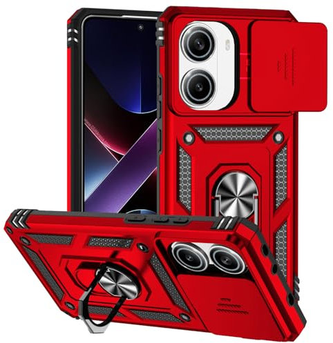 XINYEXIN Kameraschutz Handyhülle für Xiaomi Poco X7 Pro 5G Hülle mit 360 Grad Metal Ring Ständer Stoßfest Schutzhülle Hard Case Sliding Camera Cover - Rot