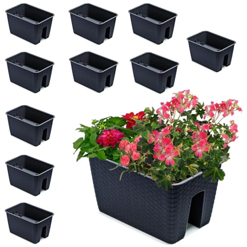 Satz von 10 Stck Balkonkiste 13 L Blumenkasten Geländerkasten Balkonkasten Geländertopf 27,2 x 39,6 cm H 22,5 cm Farbe Anthrazit Rattan-Imitat Quadrat aus Kunststoff Modern Glamour Geschenkdekoration