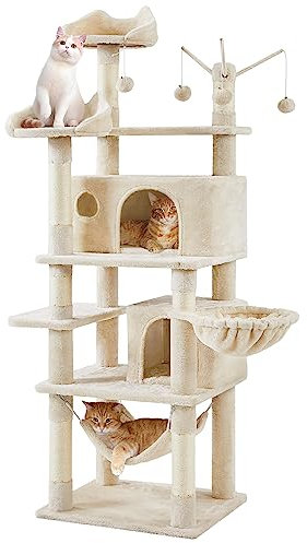 Yaheetech Cat Tree for Indoor Kittys, Large Scratching Post Play Tower Multi-Level Condo Play House Climbing Tree with 3 Removable Teaser Sticks, Hammock, Basket, Pet Furniture Beige