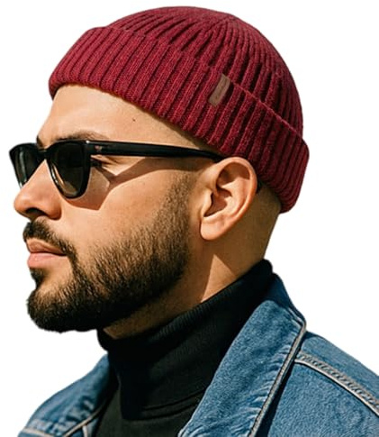 Comhats Fischer Mütze Herren Wollmütze Kurz Docker Haube Trawler Fisherman Beanie Hat Damen Merino Wolle Strick Winter Cap Großer Kopf Ski M/L Rot