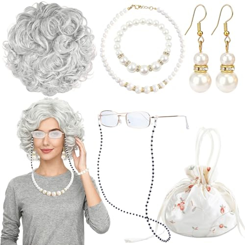 Oma Perücke, Weich Bequem Oma Kostüm Kinder Erwachsene, 9 Alte Dame Kostüm Set Perlenkette Armband Ohrringen Brille, Bequem Perücke Oma Grau für Fasching Maskerade Cosplay Köln-Karneva Party