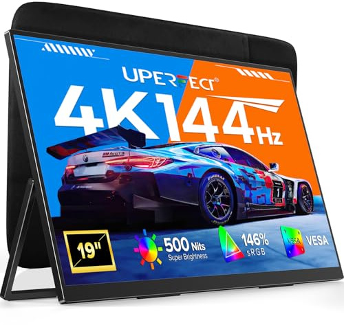 UPERFECT Portable Monitor 4K 144Hz QLED, 19 UHD 3840×2160 Gaming Monitor | 500 Nits, 2000:1, 146% sRGB, 0.1ms, Built-in Stand & VESA Mount, Second Sreend for Laptop, PC & Gaming Consoles