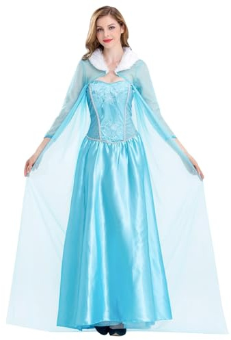 YOSICIL Robe de Princesse Elsabel pour Femme Adulte Cosplay Reine de Neige Déguisement du Royaume de Glace avec Cape en Toile Transparente au Sol, 3XL
