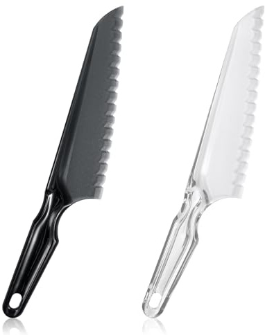 2 Pcs Plastic Vegetable Knife, Serrated Edge Pizza Cutter with Non-Slip Handle, Nylon Knives to Prevent Browning, Dishwasher Safe Kitchen Utensils, Perfect for Fruits Bread Cake Salad (Black, White)