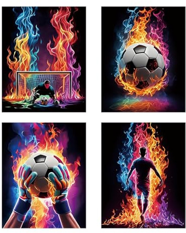 Fychuo 4 Stück Fußballthema WandBilder, Leuchtendes Neon Fußball Poster, Modern Stilvolle Jugendzimmer Deko Jungen, Wandbilder Set für Fußballfans, Fußball Fan Clubs & Sportbars, 30×20 CM