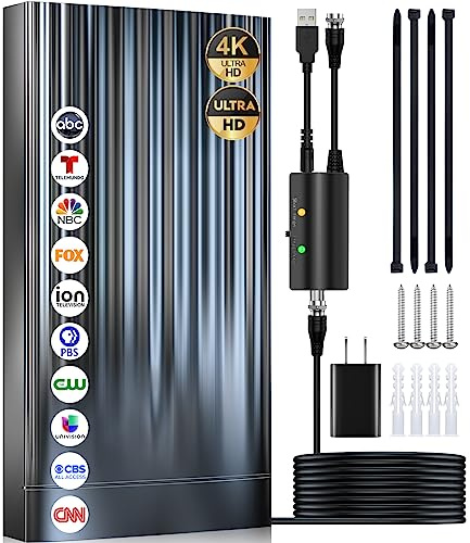 4000+ Miles Tv Antenna Indoor, 2026 Digital Antenna for Smart Tv Outdoor, Strongest HDTV for Local Channels with Amplifier, Signal Booster & 52FT Coax Cable/AC Adapter Support 8K 4K 1080p
