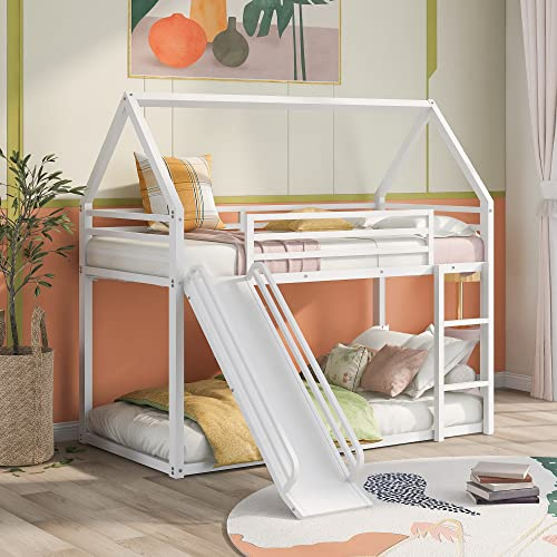 Etagenbett, Hütte mit Rutsche aus Metall, 2-Sitzer, 90 x 190 cm, Rutsche für Mädchen oder Jungen, mit Leiter, Sicherheitsbarriere, Dach, Hüttenbett, Bettrahmen mit ausziehbarem Reißverschluss, Weiß