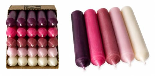 Kurze Stabkerzen Farbmix „Rosé Velvet“ – 25 Stück – 10 cm – Ø 2,2 cm – durchgefärbt & tropffrei – Made in Germany – 4 Std. Brenndauer – Deko- & Tafelkerzen (Set 8)