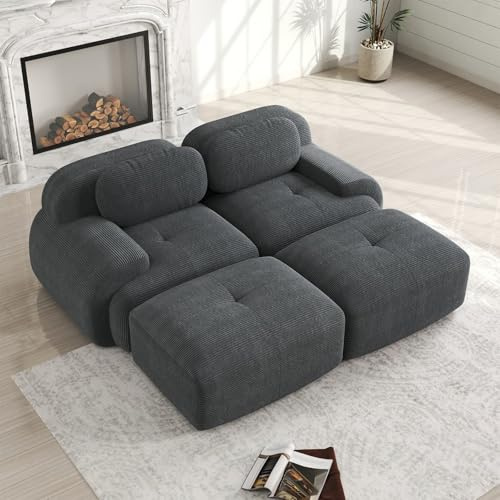 PUGSDRLY Canapé Modulaire en Velours Côtelé, Canapé d'angle Convertible, Accoudoirs Incurvés et Dessous Antidérapant, Hautement élastique 32D, sans Assemblage (Gris, 2 Places + 2 Repose-Pied)