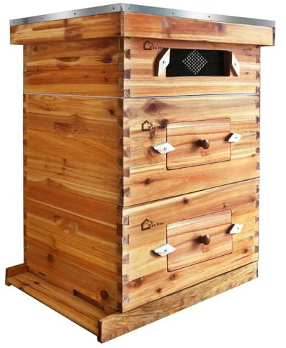 Thaookte Bienenstock, Beute Für 30 Rahmen, Mit Bienenwachs Beschichtetes Tannenholz, 2 Tiefe + 1 Mittelgroßer Bienenkasten, Langstroth-Bienenstock-Set, Transparente Acrylfenster Mit Fundamenten