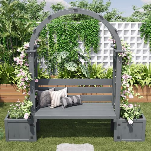 Pflanzkübel, Pflanzgefäß mit Spalier als Rankhilfe, Blumenkübel mit viel Platz, Blumenkasten Pflanzenkasten, Pflanzkübel mit Spalier und Sitz für Garten Hof Terrasse (Grey)