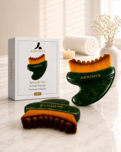 AERTHYS Spazzola Coreana Viso GuaSha Giada Naturale - 2 in 1 Linfodrenante | Per una skincare coreana quotidiana con drenaggio linfatico viso ed effetto lifting