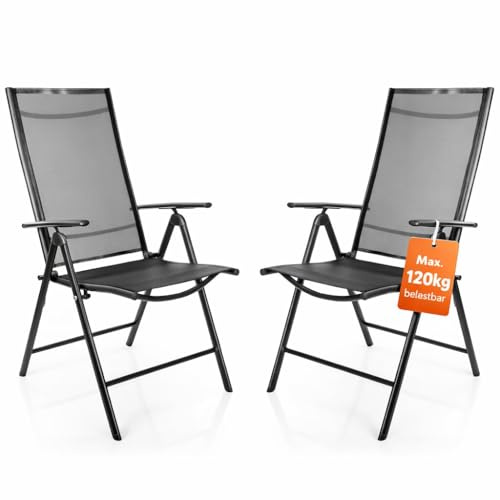 BigDean 2 Gartenstühle Hochlehner klappbar bis 120kg belastbar grau schwarz | 7-fach verstellbarer Balkonstuhl für Garten Terrasse & Camping - Klappstuhl Balkon Gartenstühle