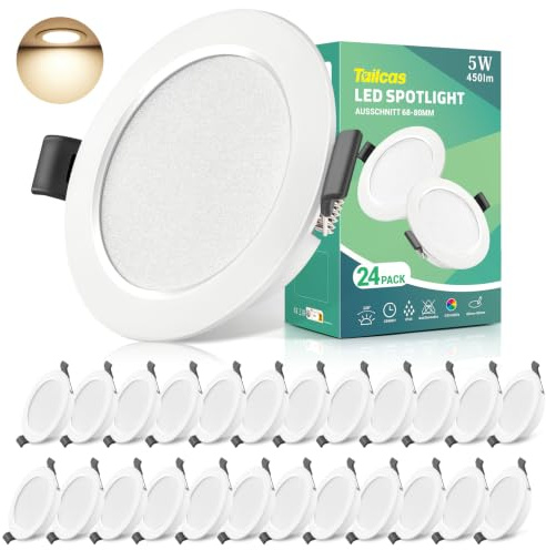 Tailcas LED Einbaustrahler 230V, 5W Flach LED Spot IP44 24er Set 4000K | 68-80mm EinbauØ Deckenspots Einbauleuchten Neutralweiß 450LM, Einbautiefe 25mm Deckenstrahler für Badezimmer Wohnzimmer Küche