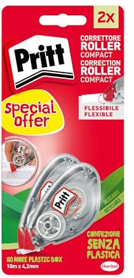 Pritt Flex Roller, Bianchetto a nastro per coprire ogni errore, Correttore a nastro riscrivibile, Cancellino a nastro per frasi e lettere singole, Confezione da 2 (4.2mmx10m)
