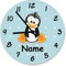Shirtinstyle Wanduhr Kinderzimmeruhr Pinguin mit Wunschnamen Geschenk Uhr Kinder Handmade, 29cm, Farbe Pastellblau