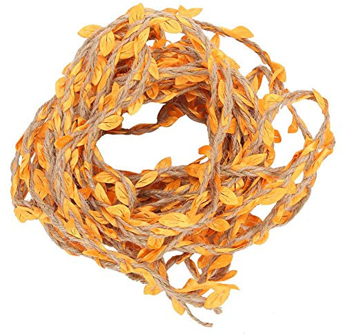 32.8ft Burlap Leaf Ribbon, Braided Jute Twine Garland with Artificial Colored Leaves for DIY Crafts Rustic Wedding Jungle Safari Party Home Decorations (Tangerine)