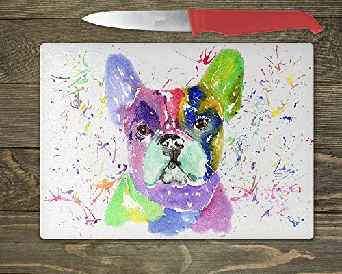 French Bulldog Glass Chopping Board, Watercolour Splash, Worktop Saver, New Home Gifts, Frenchie Gifts, Kitchen worktop Protector, Animal Artwork, Cutting Board, Counter Surface Saver (A3-30x39cm)