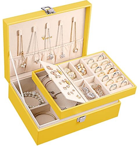 Voova Jewellery Box Organiser for Women Girls, 2 Layers Large Jewelry Storage Case, PU Leather jewlerrying Display Holder with Removable Tray for Necklace Earrings Rings Bracelets, Gifts, Yellow