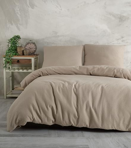 BOHORIA® Bettwäsche mit Waffelstruktur 3-teilig: Bettbezug 200x200cm + 2X Kissenbezug 80x80cm atmungsaktiv & pflegeleicht, 100% Baumwolle, Traumhafter Komfort (Beige, 200 x 200 cm + 2X 80 x 80 cm)