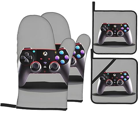 Oven Mitts Set,Multi-Function Heat Resistant Kitchen Pot Holders for Kitchen Or Baking (4pcs),Game Controller Print