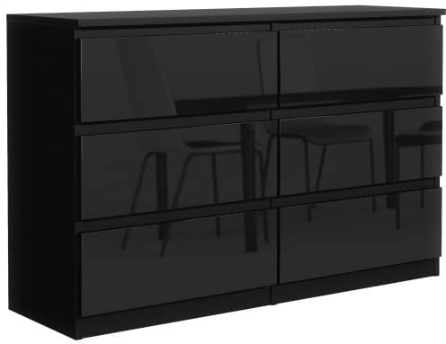 meble masztalerz Commode 138,5 cm avec Façades Brillantes - avec 6 tiroirs – 138,5 x 78,5 x 39 cm - Meuble de Rangement - Commode Chambre - Meuble Salon Classique (Noir)
