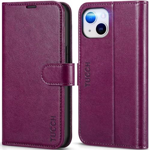 TUCCH Case for iPhone 14 (6.1) 2022 5G, PU Leather Wallet Magnetic Protective Flip Folio Stand Cover with[RFID Blocking] Credit Card Holders[Shockproof TPU] Compatible with iPhone 14, Plum Purple