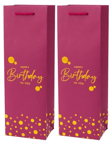 2PCS Birthday Wine Gift Bags with Handles and Gift Tags Burgundy and Gold Foil Paper Bottle Bags for Champagne Liquor Whiskey Reusable Happy Birthday Wine Tote for Men Women Adults Party Gift Wrapping