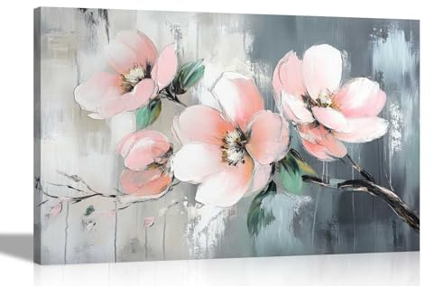 Artley Prints - Abstract Pink Flowers Grey Background Canvas Prints Flower Wall Art Framed Home Decoration Pictures Extra Large 101 x 76cm (40 x 30 inches)