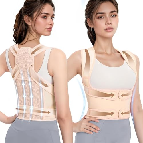 TOSZOLY Corrector Postura Espalda, Enderezador de Espalda con 4 Barras de Apoyo, Corrector de Postura para Hombre y Mujer Premium Ajustable para Aliviar el Dolor de Cuello, Hombros(Beige,M)