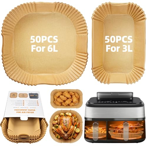 PETHREE Airfryer Bakplåtspapper för Philips Dubbelkammare Airfryer 3000/5000 Serie 6L/3L, 100 Stycken Non-stick Airfryer bakpapper för Tefal EY9018, Cecotec 9000, Cookwise 6L/3, Tower T17099