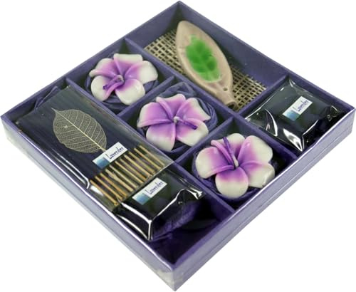 Räucher & Duftset aus Thailand, Geschenkset mit Halter, Kerzen, Lavendel | Enthält Keramikhalter, Schwimmkerzen, Räucherstäbchen, Räucherkegel, für tropisches Ambiente, zauberhafter Duft.