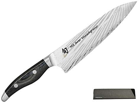 KAI Shun Nagare - Cuchillo Santoku (acero de damasco con grabado, incluye funda protectora de la hoja Prymo), acero madera, 2) Cuchillo con grabado., 6) Kochmesser 20cm