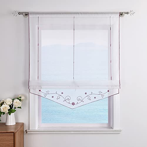 ESLIR Raffrollo mit Schlaufen Raffgardinen Gardinen Küche Transparent Schlaufenrollo Vorhänge Bestickt Modern Voile Violett BxH 120x140cm 1 Stück