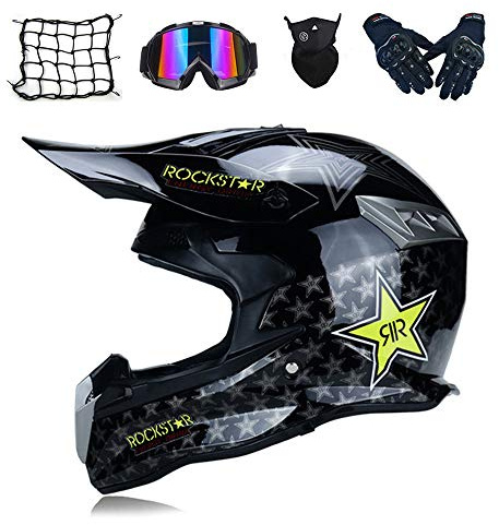 MRDEAR Motorrad Crosshelm Rockstar Motocross Helm mit Brille Handschuhe Maske Motorrad Netz, Cross Downhill Helm Fullface MTB Helm Mopedhelm Motorradhelm für Sicherheit Schutz, 3 Arten,C,L