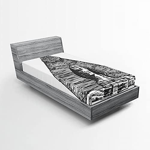 ABAKUHAUS ägyptisch Spannbetttuch, Sphinx Pyramide Sketch, Soft Dekorativer Stoff Bettwäsche Rund-um Elastischer Gummizug, 90 cm x 200 cm, Charcoal Grau Weiß