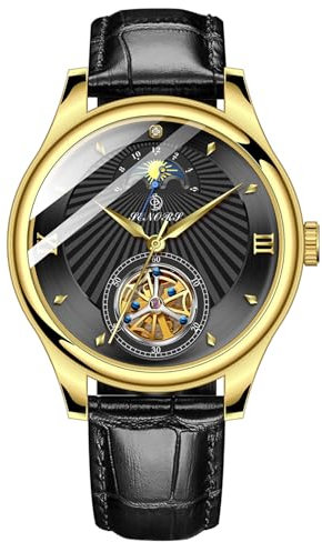 TEINTOP Senors Herren Uhren Automatikuhr Mechanische Sonne Mondphase Armbanduhren (Gold Schwarz)