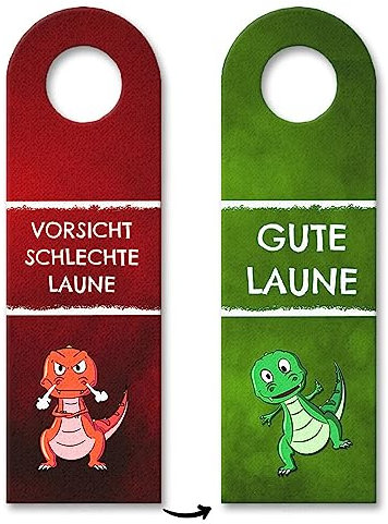 Vorsicht schlechte Laune oder gute Laune Türhänger mit T-Rex Dino in rot und grün Kinderzimmer Teenager Kinder Böse nicht stören Warnung vor dem Kind Stimmung