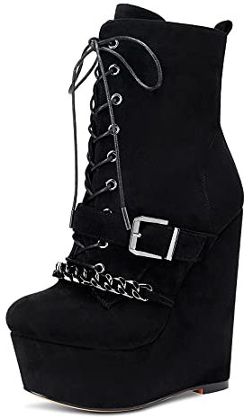 NobleOnly Donna Zeppa Platform Stivali alla Caviglia Cerniera Lacci Cuneo Plateau 15CM Wedge Boots Nero Scamosciato Scarpe EU41