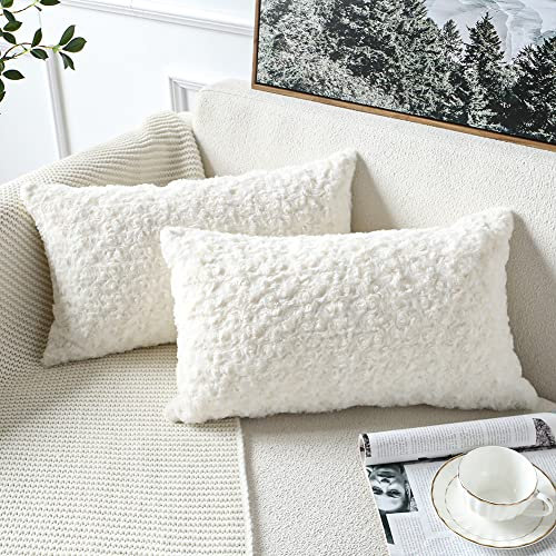 Ohok 2er Set Weich Rose Plüsch Kissenbezug, Dekorative Luxus Kunstpelz Zierkissenbezüge mit Verstecktem Reißverschluss, Dekor Kissenhülle für Schlafzimmer Wohnzimmer Couch Büro (Weiß, 30x50cm)