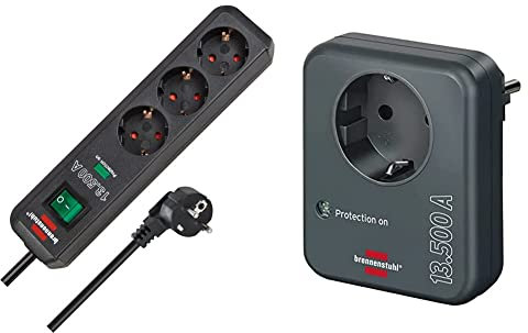 Brennenstuhl Eco-Line, Steckdosenleiste 3-Fach mit Überspannungsschutz anthrazit & Steckdosenadapter mit Überspannungsschutz 13.500 A anthrazit