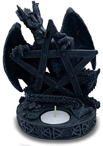 Kerzenständer Teelichhalter Gothic schwarzer Drachen mit Pentagramm, Drachenfigur in 17 cm Höhe - Deko Fantasy
