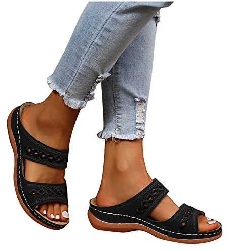 TBTB Sandales Femme Été Confortable Élégantes Pantoufles Bohème Ete Pied Large Cuir Tongs Sandales Chic Élégante Vacances Compensées Bout Ouvert Mules Chaussures de Plage, Le Noir, 43 EU