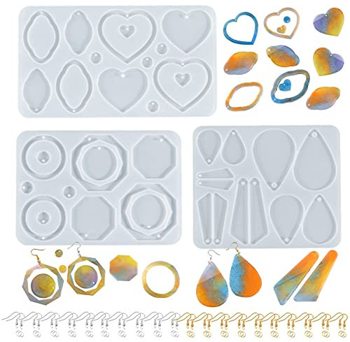 Yayatty 3 Stück Ohrring Schmuck Silikonform, Epoxidharz Gießform für Ohrring, Ohrringe Resin Silikonform mit Ohrringhaken und Biegeringen für Schmuck Ohrring Anhänger Schlüsselanhänger