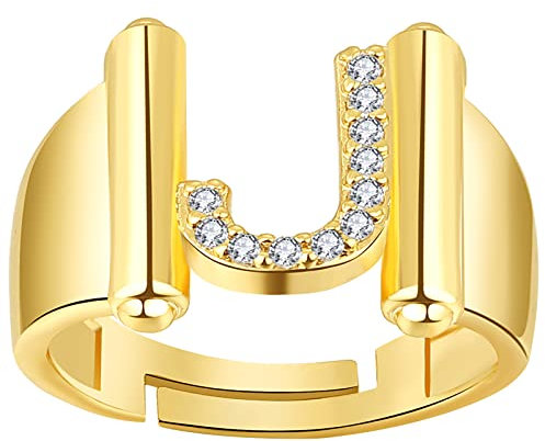 JewelryWe Schmuck Damen-Ring Buchstabe Ring Verstellbare Initiale Alphabet J Band Ringe mit Zirkonia Gravur Geschenk für Frauen Mädchen Gold
