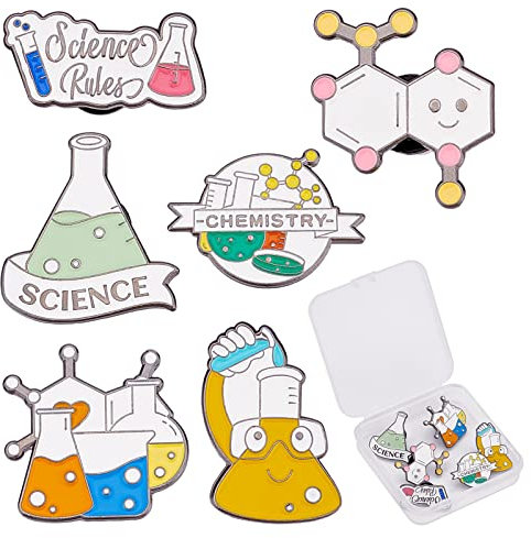 SUNNYCLUE 1 Box 6 Stück 6 Stil Labornadeln Für Abzeichen, Emaille, Broschen, Laborausrüstung, Flasche, Anstecknadeln, Niedliche Broschen Für Rucksäcke, Chemie, Hauptgeschenke, Abschlussfeier, Cartoon,