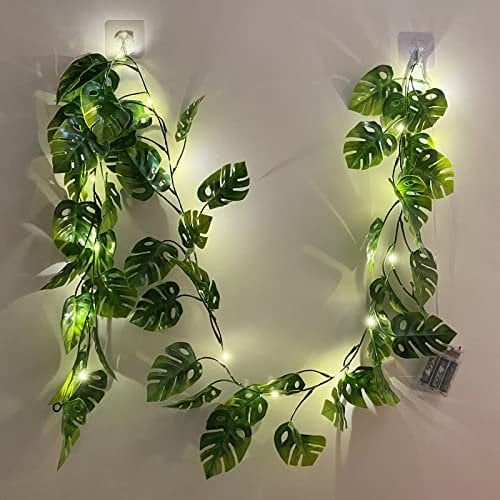 Fielegen Guirlande lumineuse 20 LED Monstera Leaf,1.8 m,Feuilles de palmier tropicales artificielles avec lumières,Décoration d'été pour fête hawaïenne,Jungle Safari Luau,Barbecue,Plage,Anniversaire