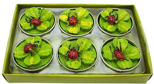 Dekohelden24 6er Set Teelicht Kerzen als Kleeblatt, Glücksklee mit Marienkäfer - Kleeblattkerzen, Maße je Teelicht H/Ø ca. 2 x 3,5 cm