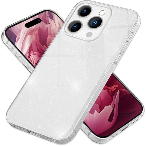 NALIA Glitzerhülle für iPhone 15 Pro Max - Hülle, Silber | Partikel fest im Material eingeschlossen, 3-Schicht-Schutzaufbau mit Hardcase-Kern, Erhöhter Kamerarand, SHINEPOP